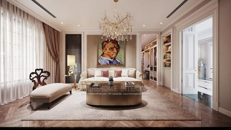 Tranh canvans treo tường chân dung họa sĩ Van Gogh nổi tiếng tạo điểm nhấn ấn tượng cho phòng giải trí trong phòng ngủ. thiết kế thi công nội thất cao cấp
