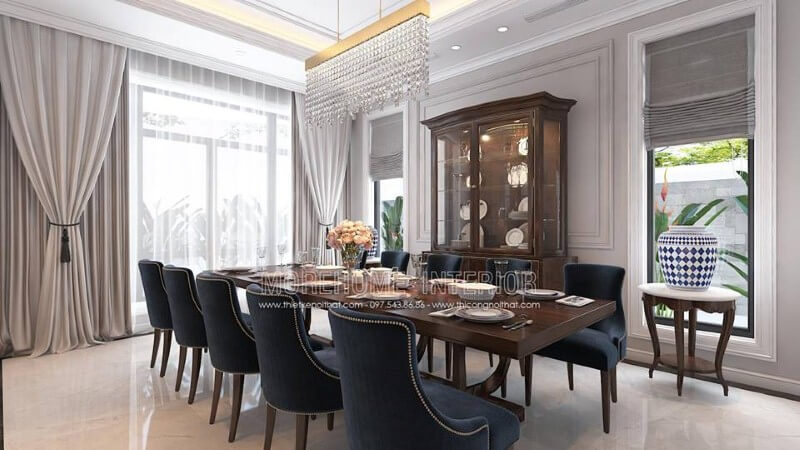 Thiết kế nội thất phòng ăn gỗ óc chó tân cổ điển đẹp, sang trọng từ bàn gỗ nguyên khối, ghế bọc nệm cao cấp, kệ, tủ kệ trang trí. thiết kế thi công nội thất cao cấp