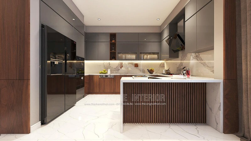 Tủ bếp gỗ acrylic đẹp sang trọng cho phòng bếp nhà phố, biệt thự hiện đại. thiết kế thi công nội thất cao cấp