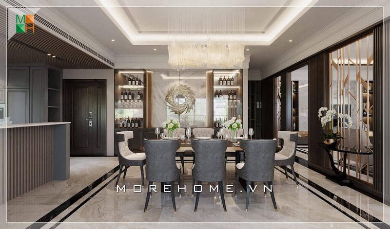 Mẫu thiết kế bàn ăn cùng 8 ghế đầy sang trọng với phong cách tân cổ điển để làm nên nét đẹp cho căn biệt thự cao cấp.