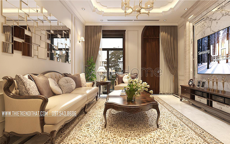 Đẳng cấp trong <a href='https://thietkenoithat.com/thiet-ke-biet-thu' rel='nofollow'>thiết kế nội thất biệt thự</a> tân cổ điển
